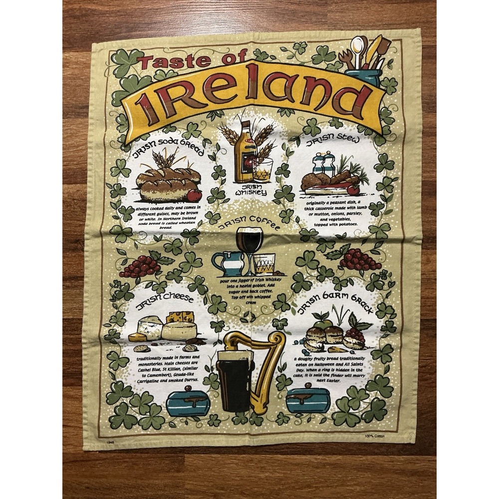 TASTE OF IRELAND Tea Towel 100% Cotton Irish Dishes Soda Bread Stew Whiskey